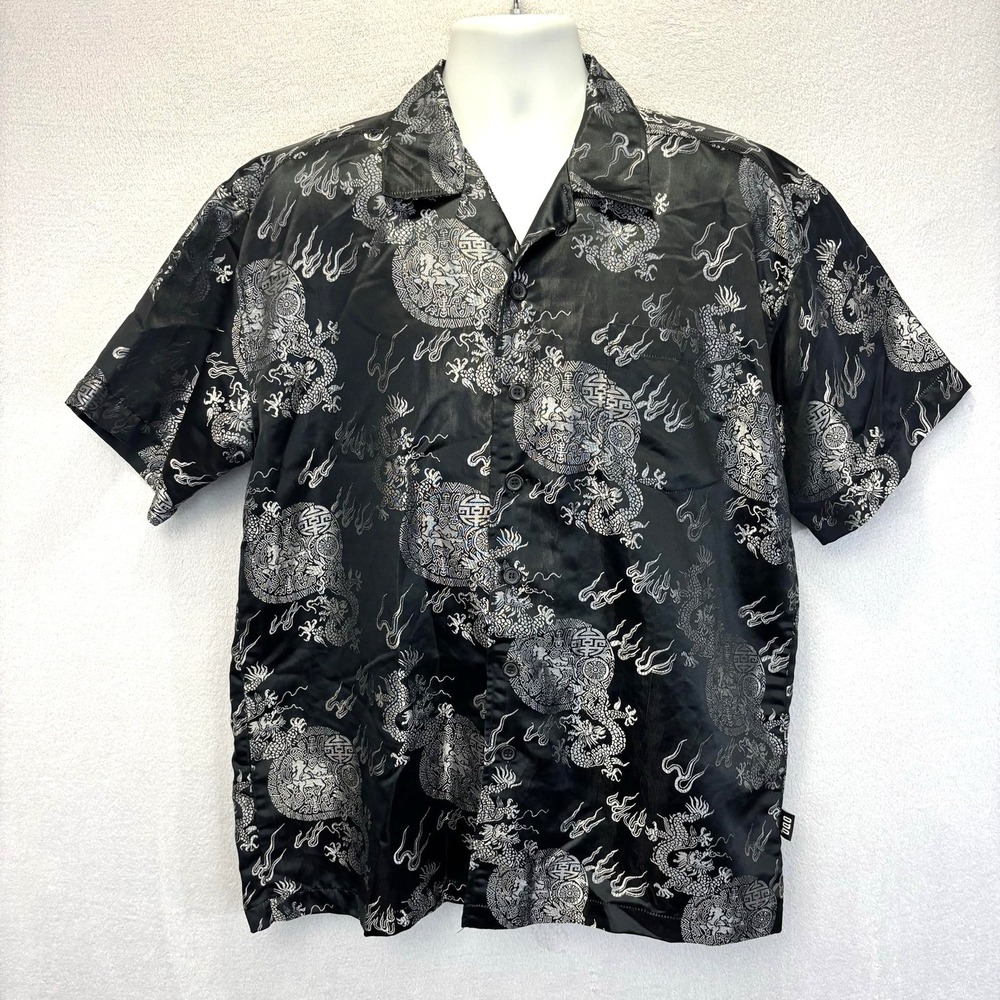 Vintage Y2K Odo Dragon Button Up‎ Shirt Mens Large Black Silver Short Sleeve